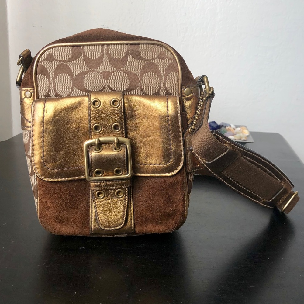 Coach Crossbody Metallic Gold and Brown Suede